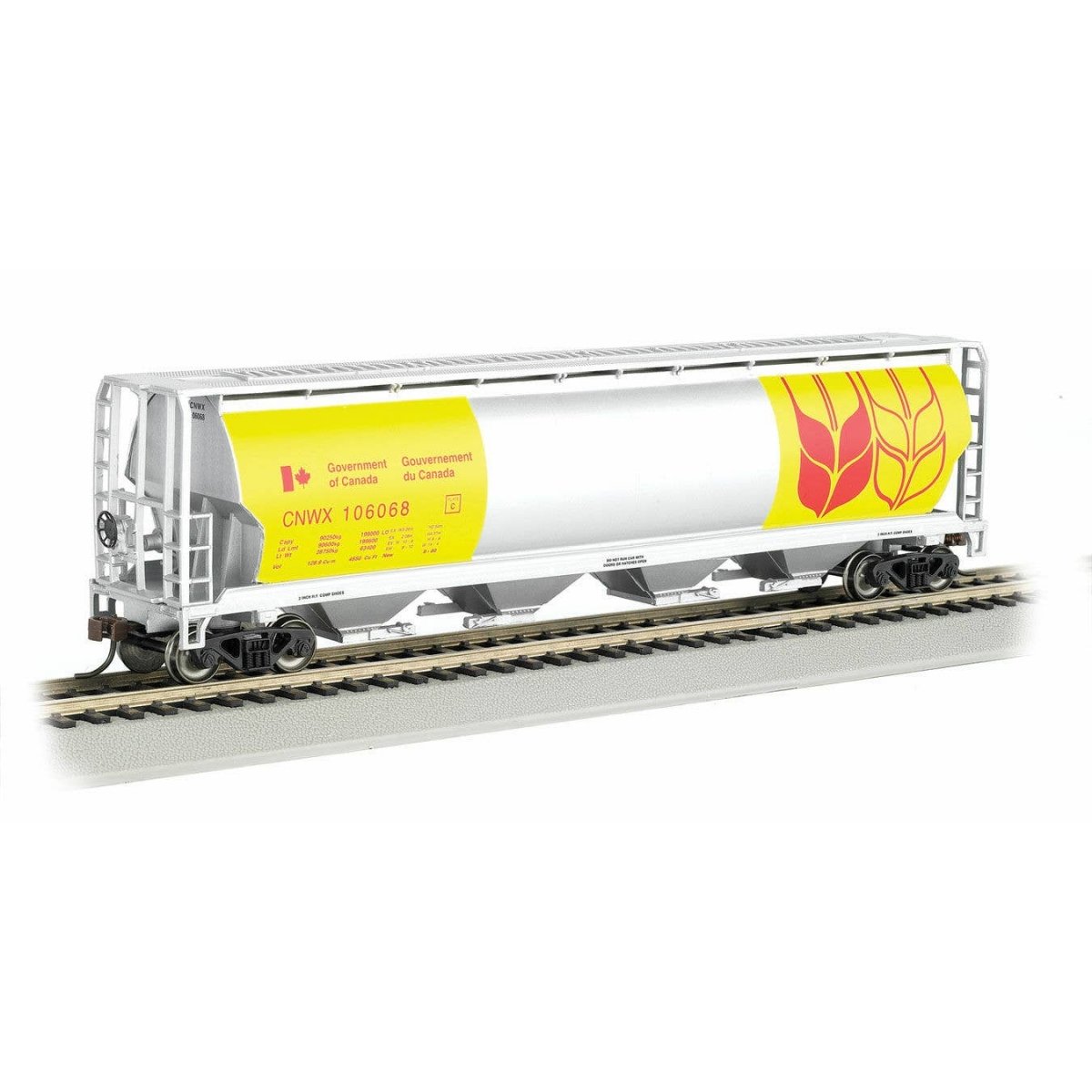 Canadian Cylindrical 4-Bay Grain Hopper - Ready to Run - Silver Series(R) -- Government of Canada 3 CNWX (silver, yellow, brown)