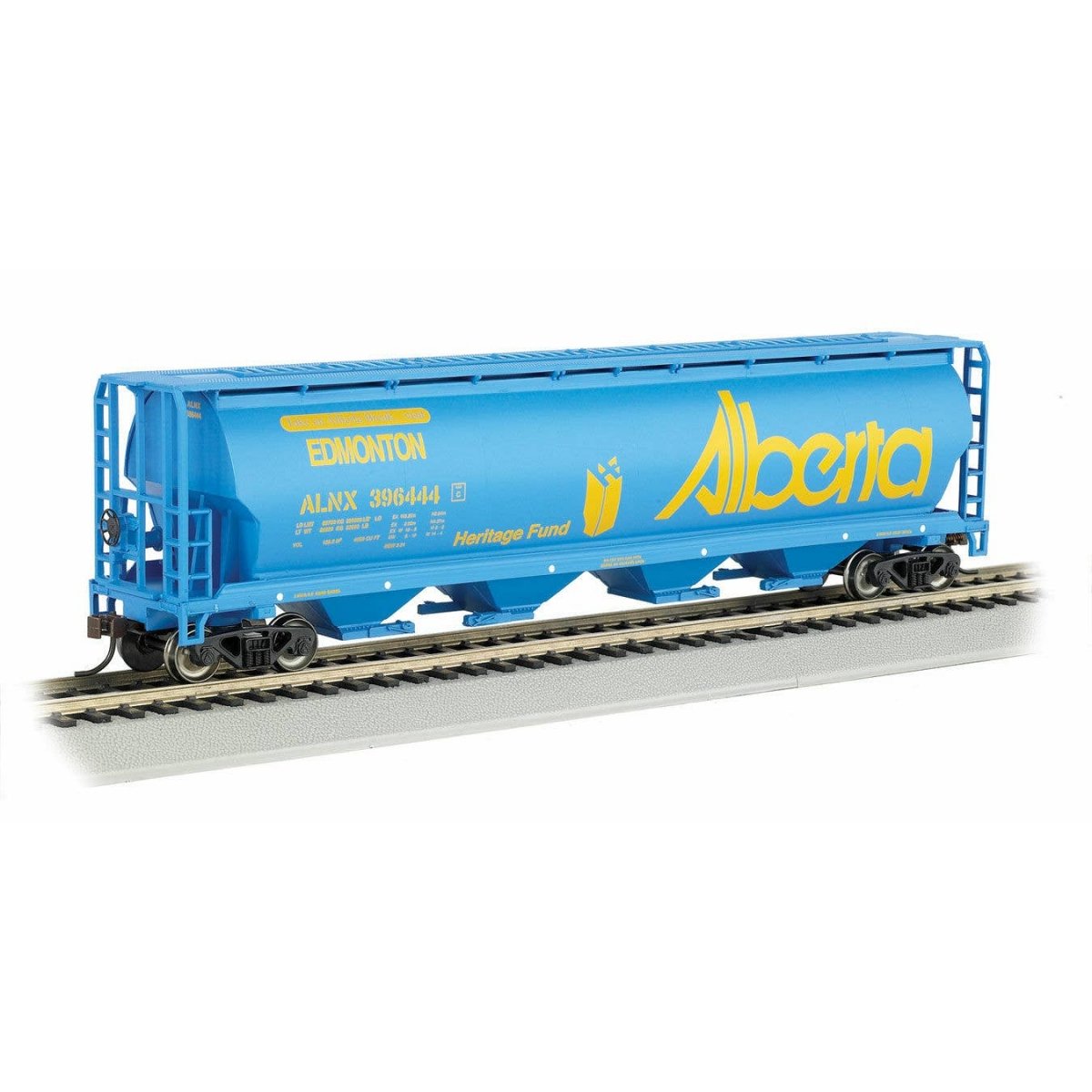 Canadian Cylindrical 4-Bay Grain Hopper - Ready to Run - Silver Series(R) -- Alberta Heritage Fund Edmonton (blue, yellow Billbo