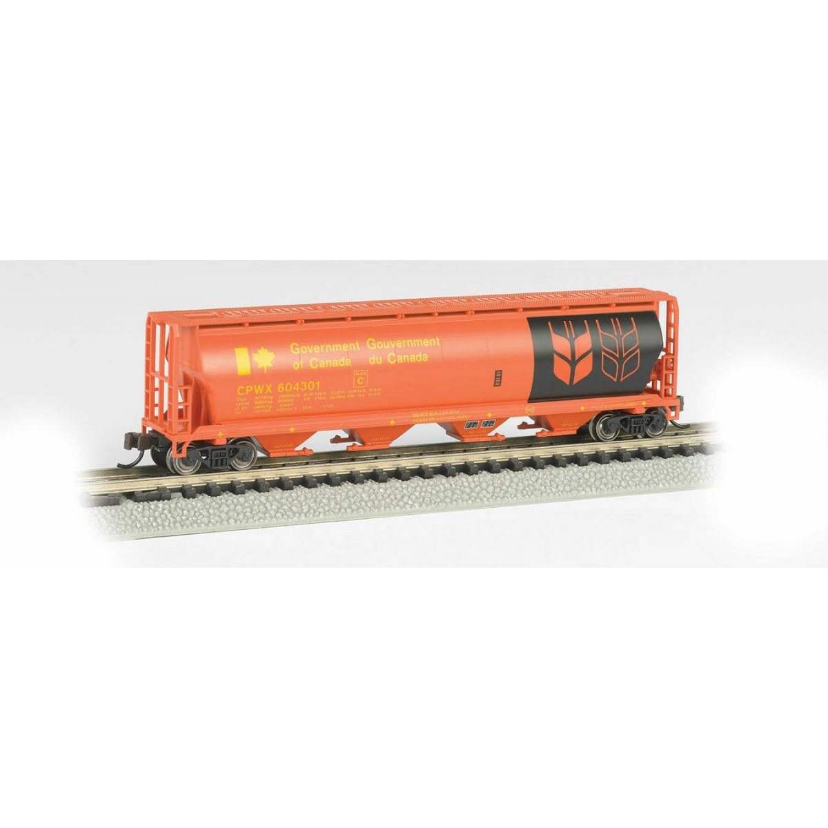 Canadian Cylindrical 4-Bay Grain Hopper - Ready to Run - Silver Series(R) -- Government of Canada CPWX (orange, black, yellow)