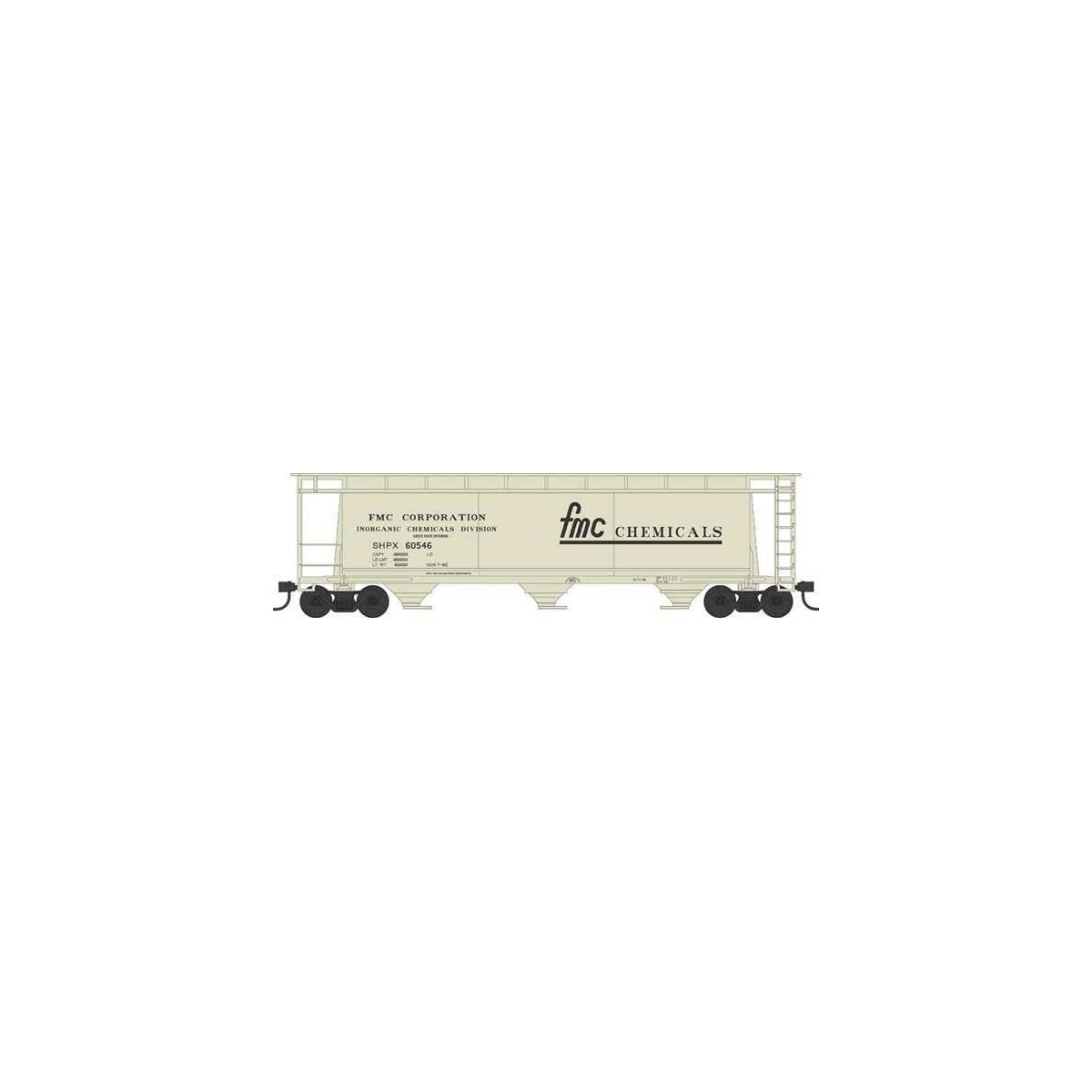 3-Bay Cylindrical Covered Hopper - Ready to Run - Executive Line -- FMC Chemicals 60551 (Blt. 7-62, beige, black, Large Logo)