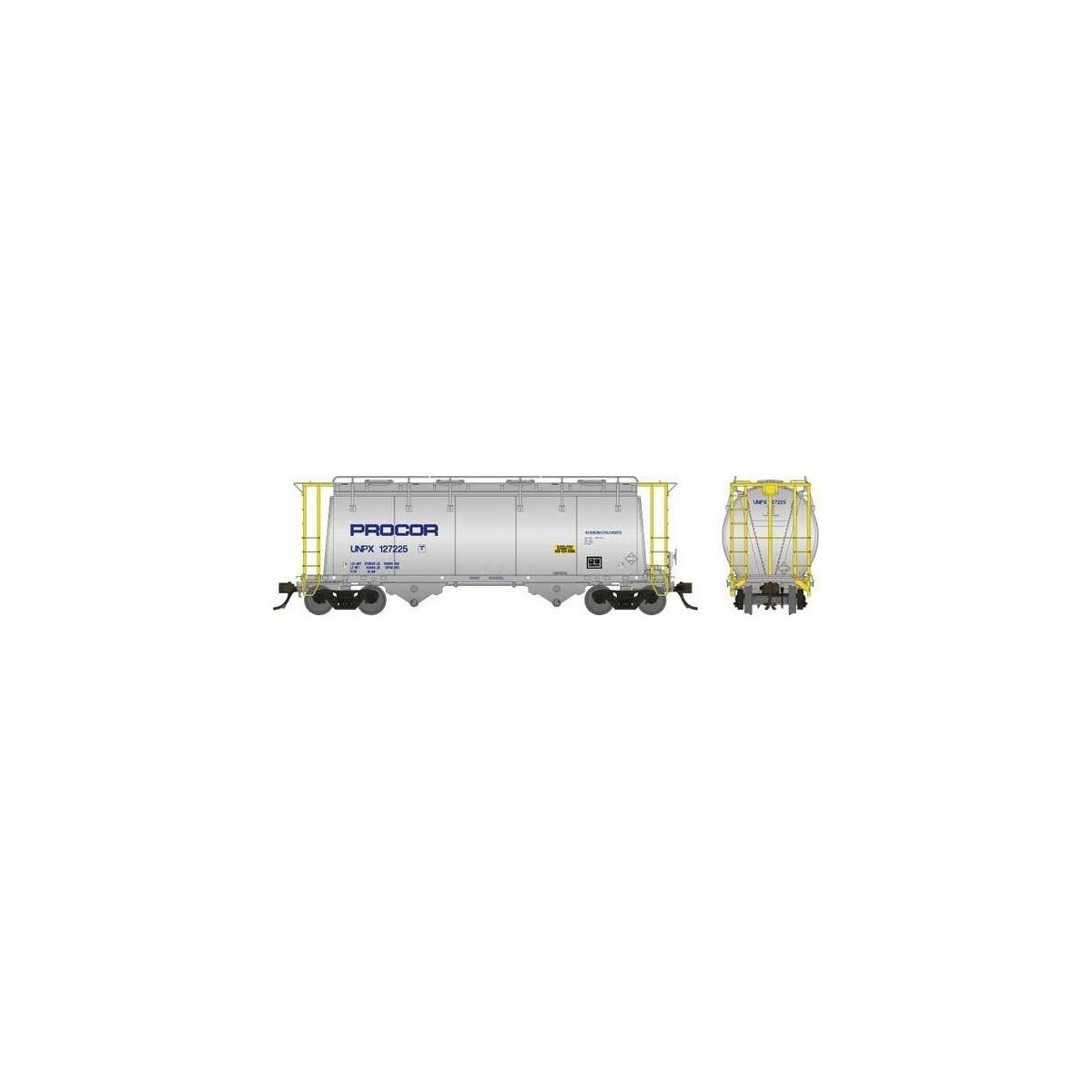 Procor 3,000 Cubic Foot Aluminum Covered Hopper w/Handrail 6-Pack - Ready t -- Procor Ltd. UNPX Set 4 (aluminum, yellow, blue Pr
