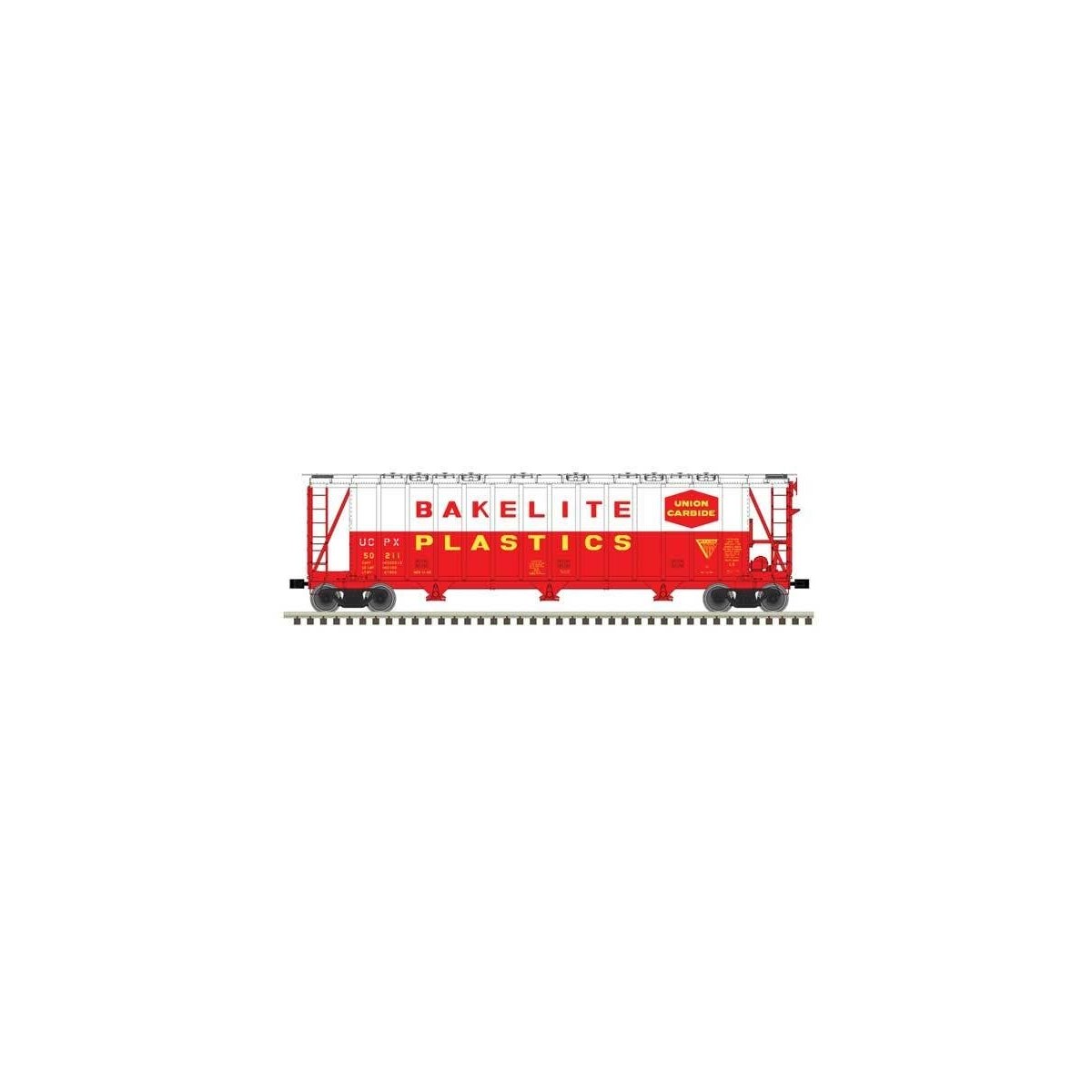 General American 3500 Dry-Flo 3-Bay Covered Hopper - Ready to Run -- Bakelite Plastics UCPX 50196 (red, white)