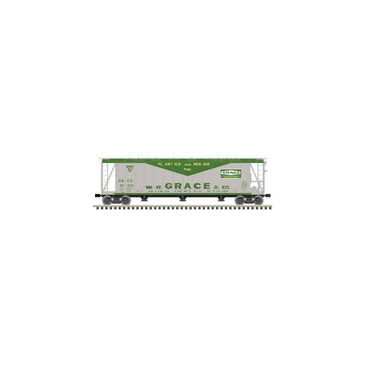 General American 3500 Dry-Flo 3-Bay Covered Hopper - Ready to Run -- WR Grace GACX 50304 (gray, green)
