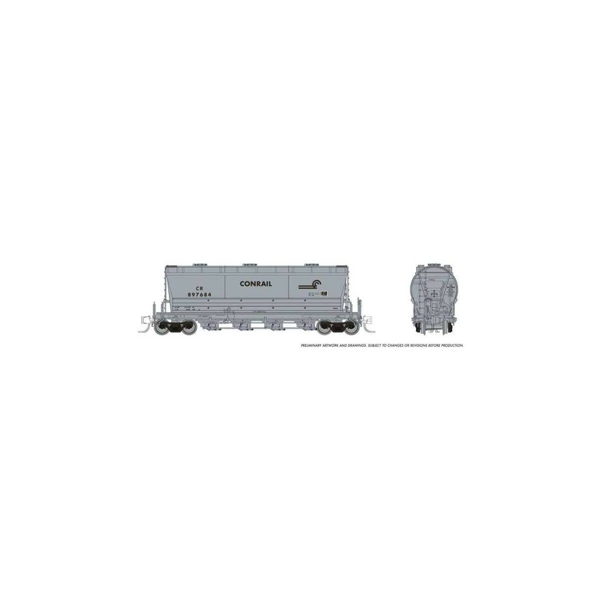 ACF PD3500 Flexi Flo Covered Hopper 6-Pack - Ready to Run -- Conrail (1980s Repaint, gray, black, Medium Logo)