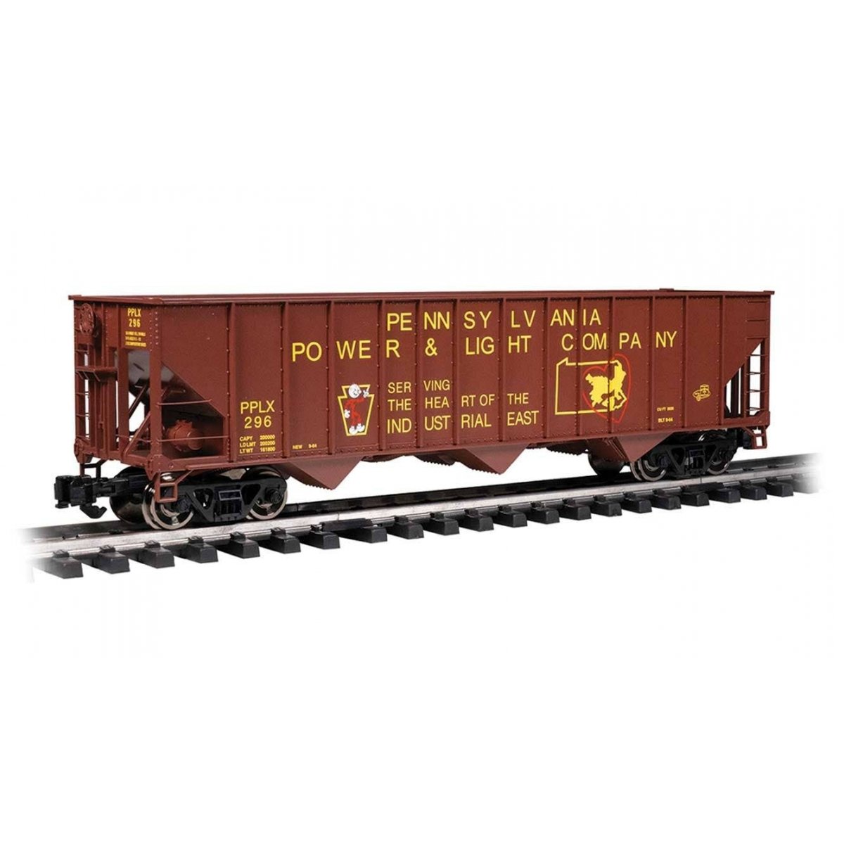 Bethlehem Steel 100-Ton 3-Bay Hopper - Ready to Run -- Pennsylvania Power & Light 296 (Boxcar Red, yellow Reddy Kilowatt Logo)