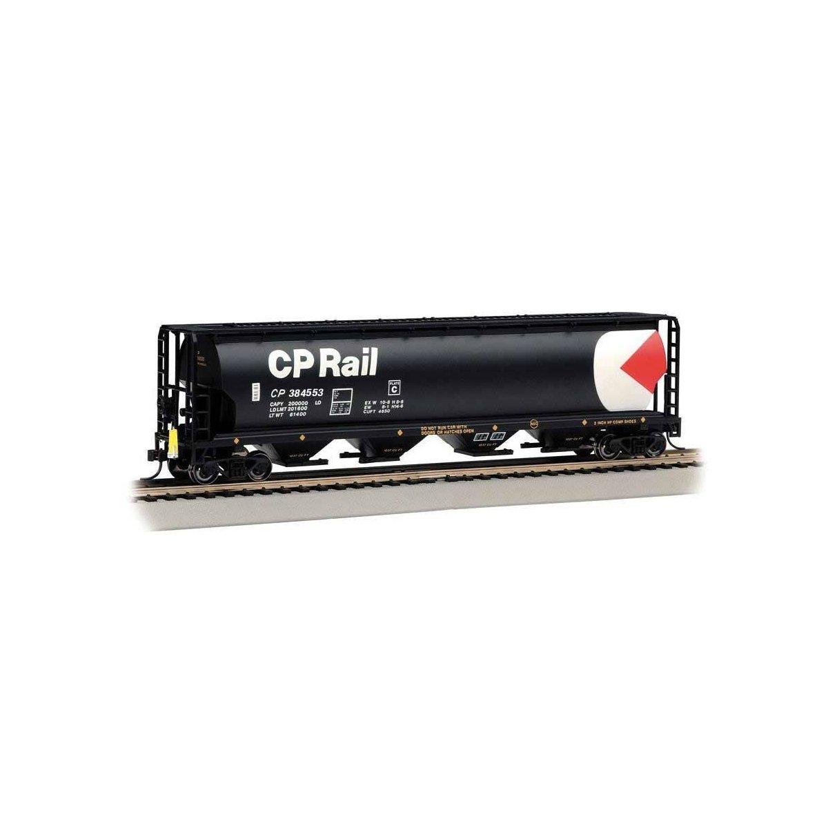 Canadian Cylindrical 4-Bay Grain Hopper, Flashing FRED - Ready to Run -- Canadian Pacific 384553 (black, white, red, Multimark L