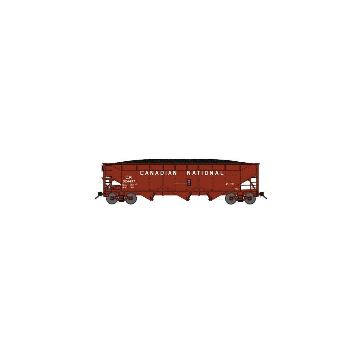 70-Ton Offset-Side 3-Bay Hopper w/Load - Ready to Run -- Canadian National 324497 (Boxcar Red, 12′ Billboard Lettering)