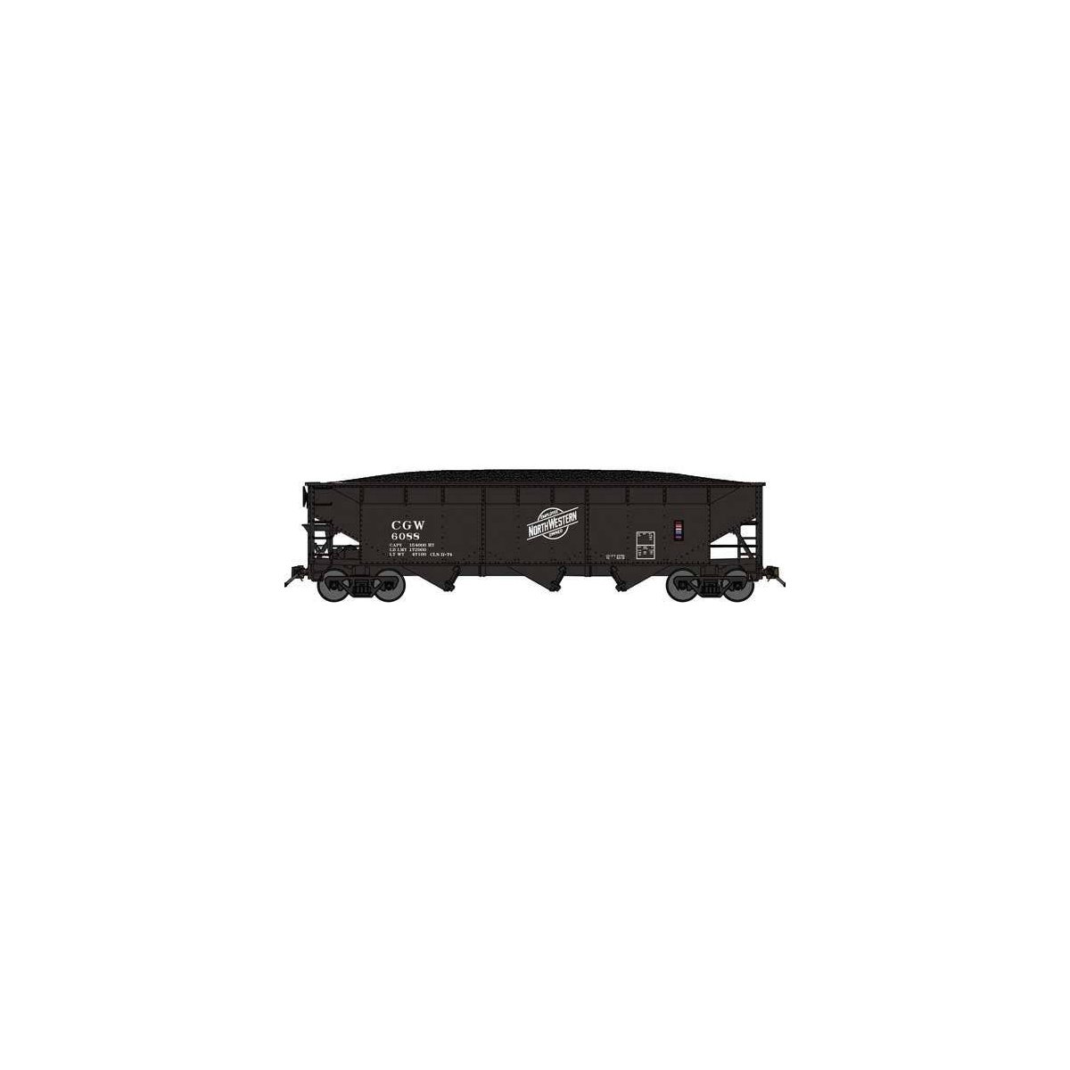 70-Ton Offset-Side 3-Bay Hopper w/Load - Ready to Run -- Chicago & North Western CGW 6074 (black,white Employee Owned Logo)