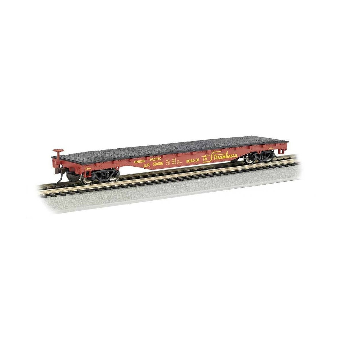 52′ Flatcar - Ready to Run - Silver Series(R) -- Union Pacific 59486 (Boxcar Red, yellow Streamliners Slogan), HO Bachmann Ind