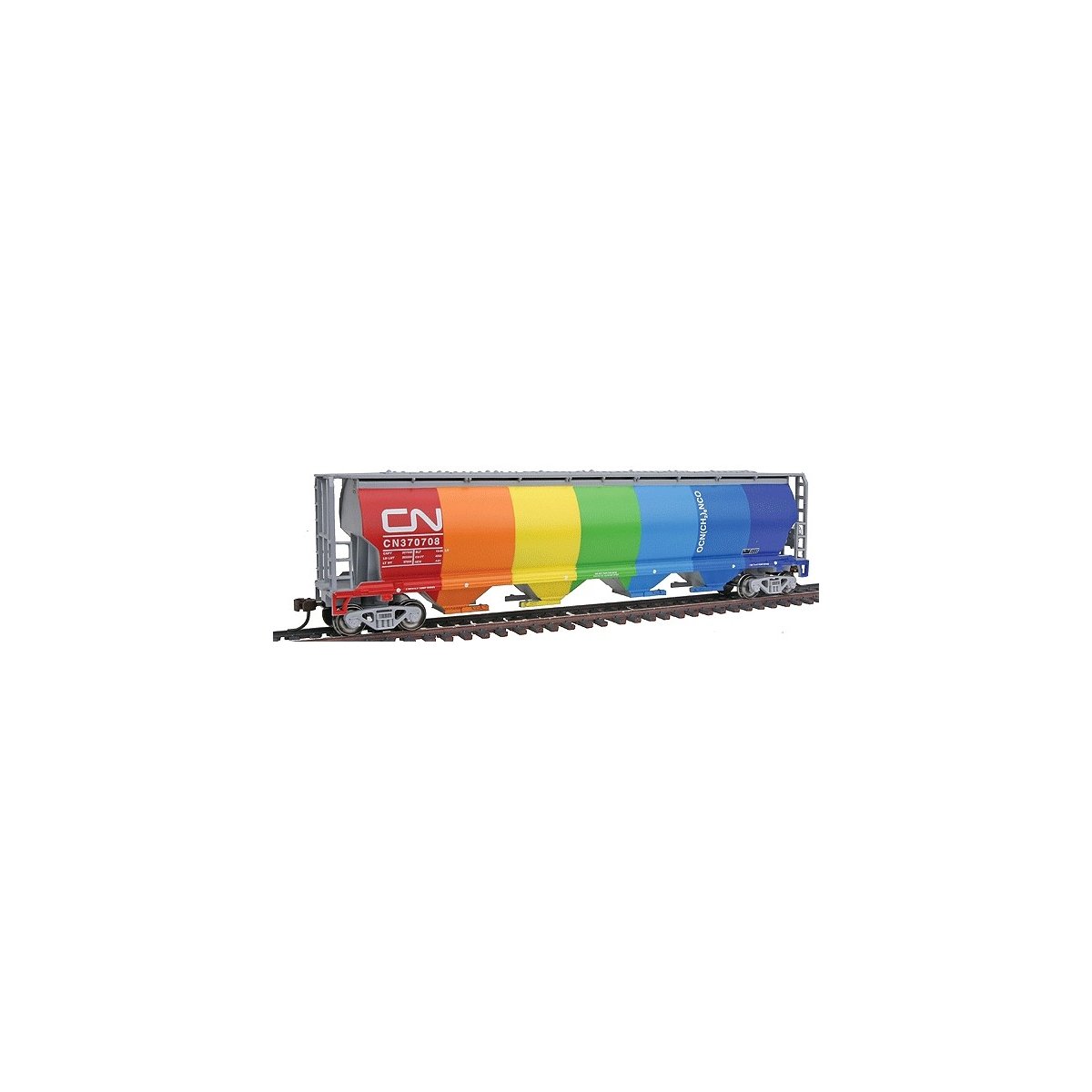 Canadian Cylindrical 4-Bay Grain Hopper - Ready to Run - Silver Series(R) -- Canadian National (Demonstrator Rainbow Colors on S