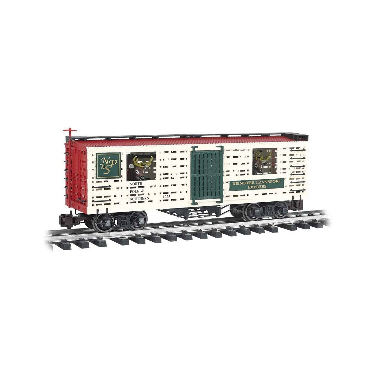 Animated Stock Car w/Reindeer - Ready to Run -- North Pole & Southern 1225 (white, green, red), G Bachmann Industries 98704