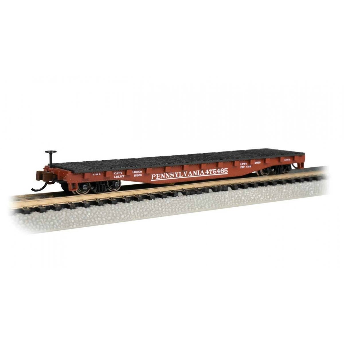 52′ Steel Flatcar - Ready to Run -- Santa Fe 90852 (red, white ′Super Shock Control′ Slogan), N Bachmann Industries 17351