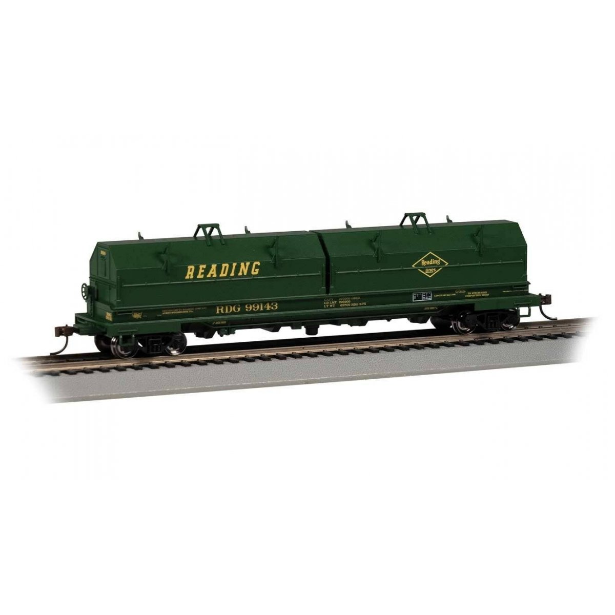 55′ Coil Car with Angled Hoods and Load - Ready to Run -- Reading 99143 (green, yellow), HO Bachmann Industries 71427