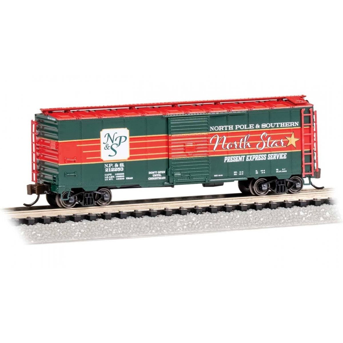 AAR 40′ Steel Boxcar - Ready to Run - Silver Series(R) -- North Pole & Southern (Christmas, Present Express Service), N Bachma