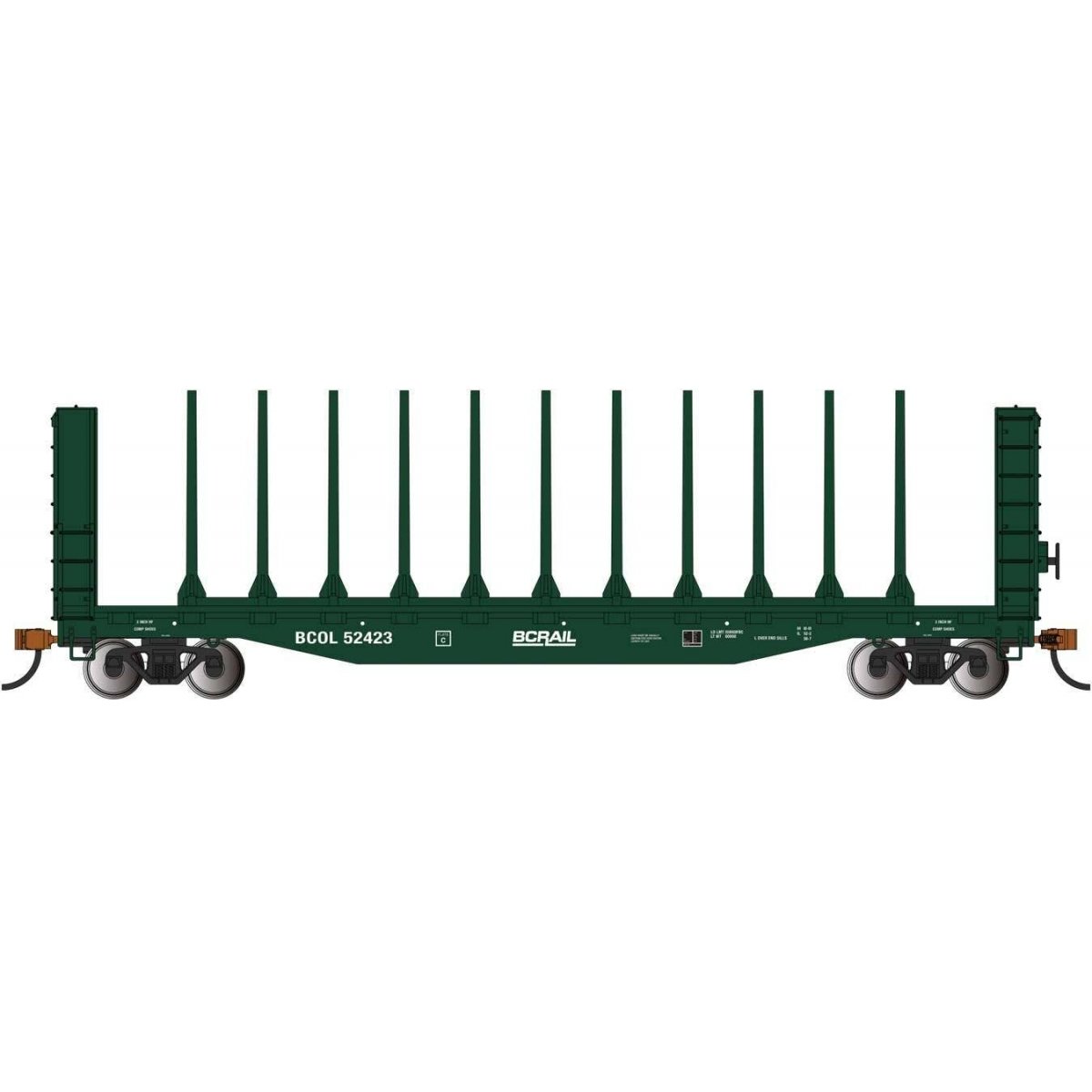 52′ Centerbeam Bulkhead Flatcar - Ready to Run -- BC Rail 52423 (green), HO Bachmann Industries 12901