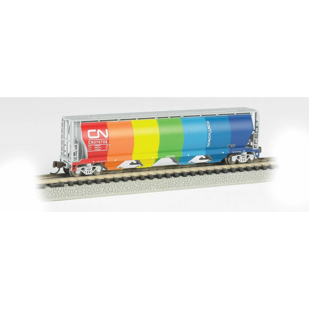 Canadian Cylindrical 4-Bay Grain Hopper - Ready to Run - Silver Series(R) -- Canadian National (Demonstrator Rainbow Colors on S