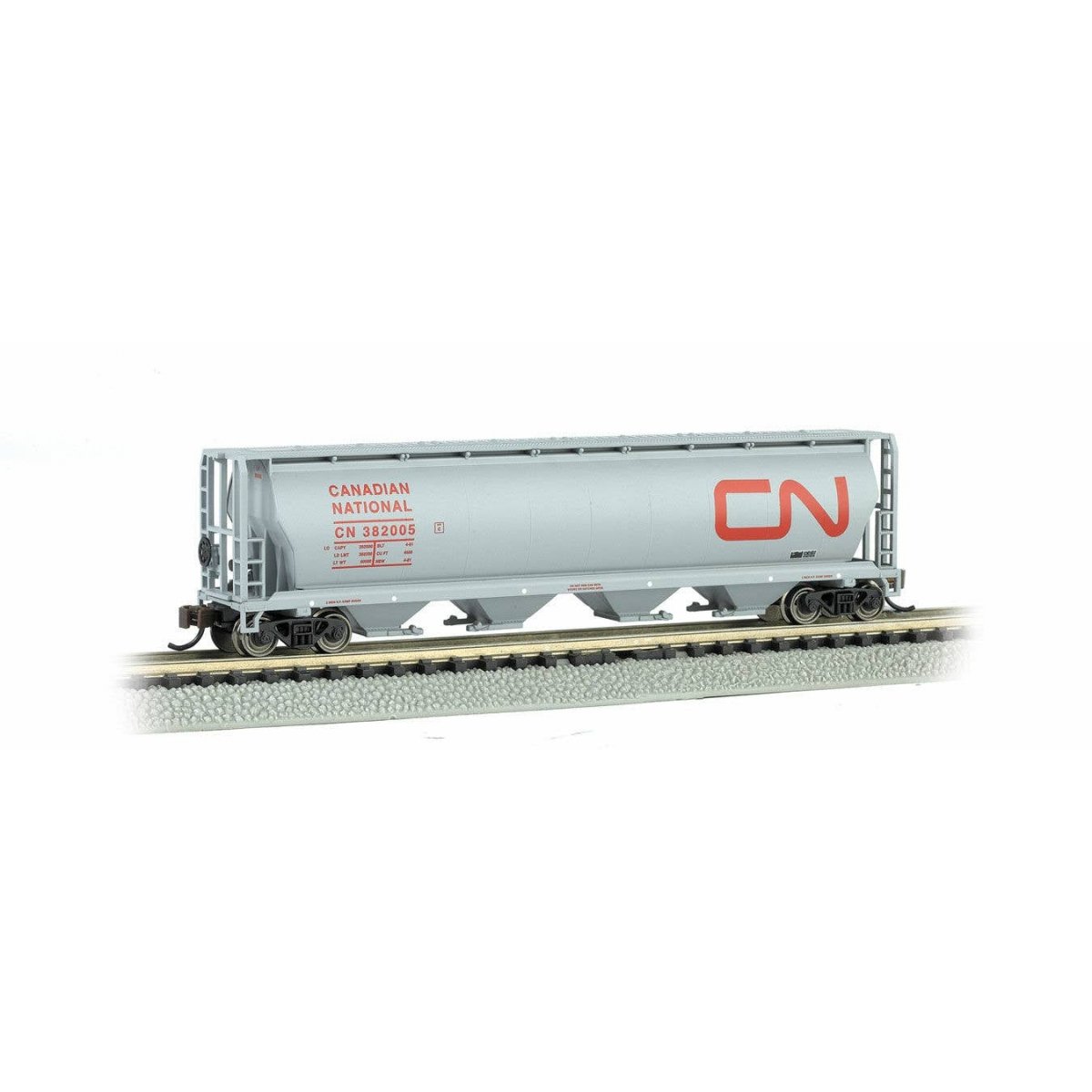 Canadian Cylindrical 4-Bay Grain Hopper - Ready to Run - Silver Series(R) -- Canadian National (gray, red Large Noodle Logo), N 