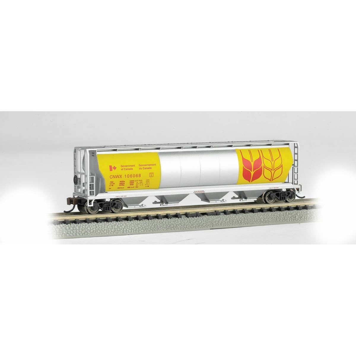 Canadian Cylindrical 4-Bay Grain Hopper - Ready to Run - Silver Series(R) -- Government of Canada CNWX (silver, yellow, brown), 