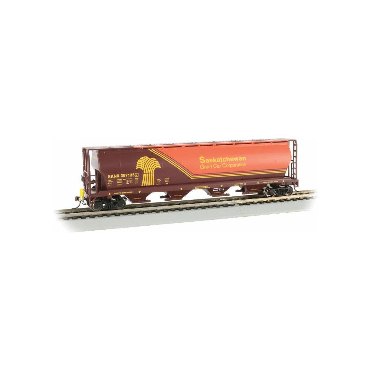 Canadian Cylindrical 4-Bay Grain Hopper with FRED - Ready to Run -- Saskatchewan Grain Car Corp. SKNX 397135 (orange, brown, yel