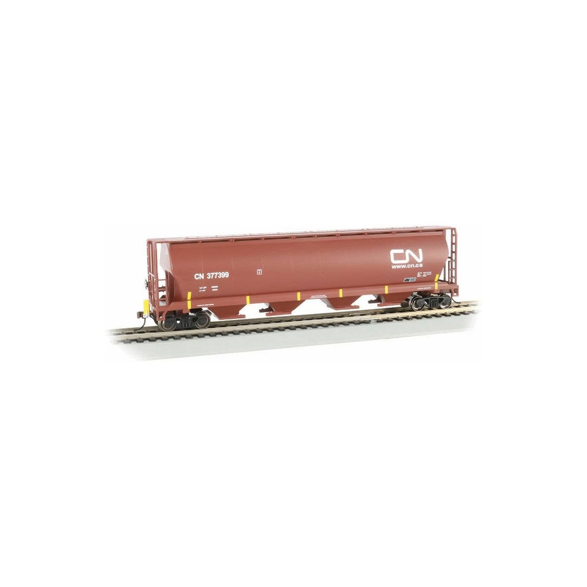 Canadian Cylindrical 4-Bay Grain Hopper with FRED - Ready to Run -- Canadian National 377399 (Boxcar Red, Yellow Conspicuity Mar