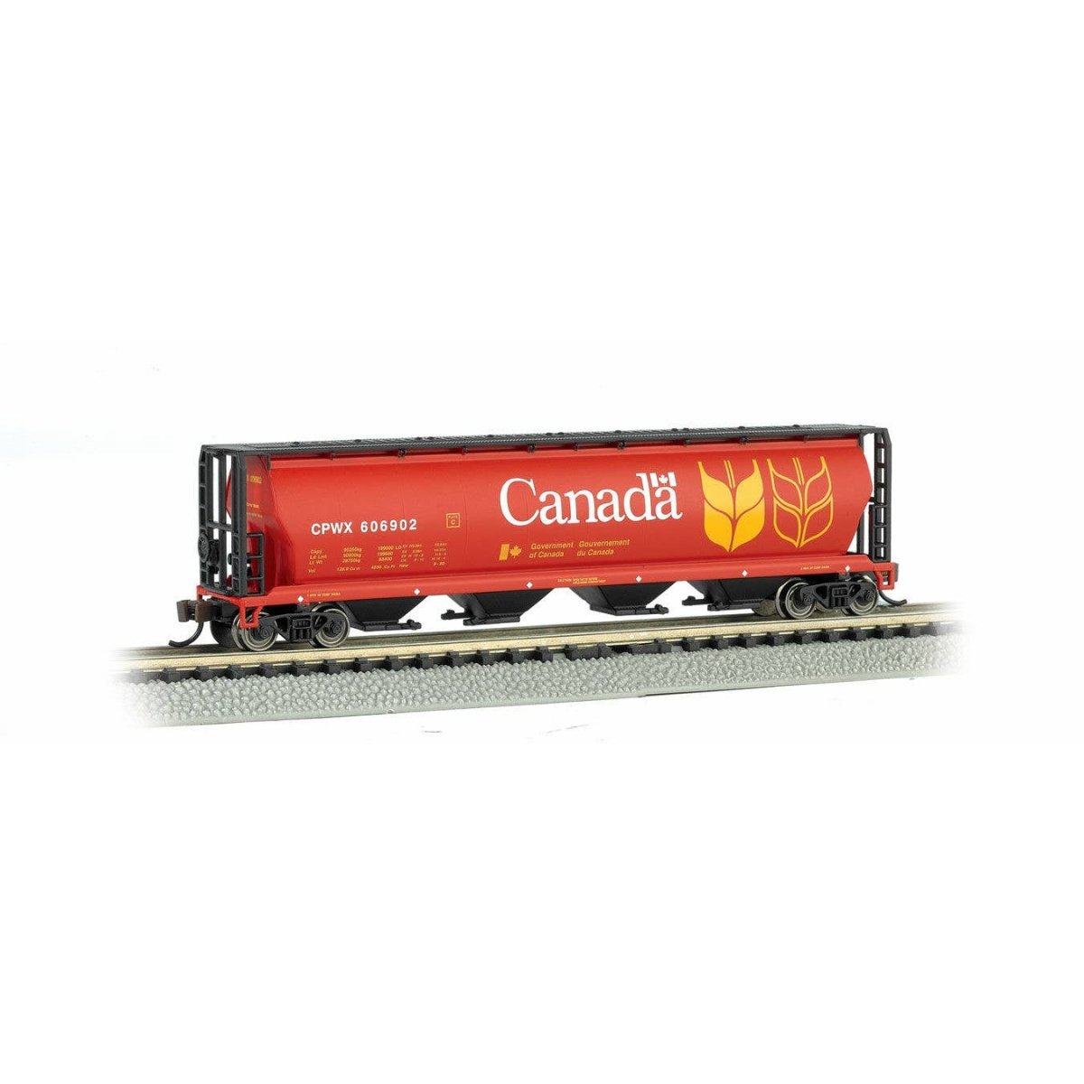 Canadian Cylindrical 4-Bay Grain Hopper - Ready to Run - Silver Series(R) -- Government of Canada CPWX (orange, black, yellow, w