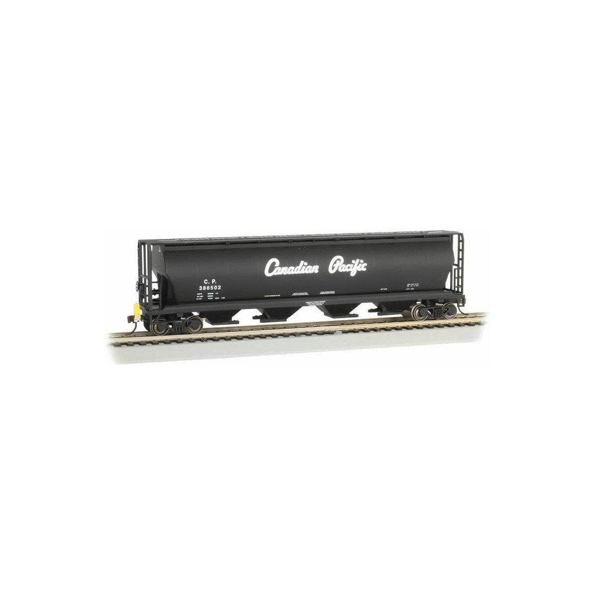 Canadian Cylindrical 4-Bay Grain Hopper, Flashing FRED - Ready to Run -- Canadian Pacific 386502 (black, Script Lettering), HO B