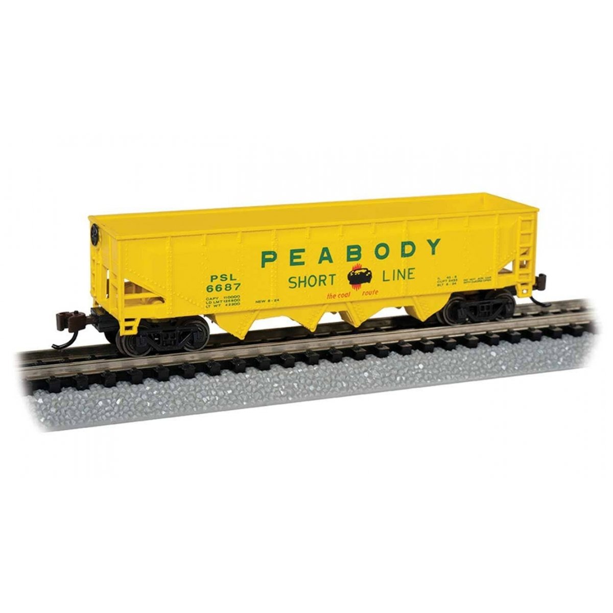 40′ Quad Hopper - Ready to Run -- Peabody Coal Co. 6687 (yellow, green, red), N Bachmann Industries 73354