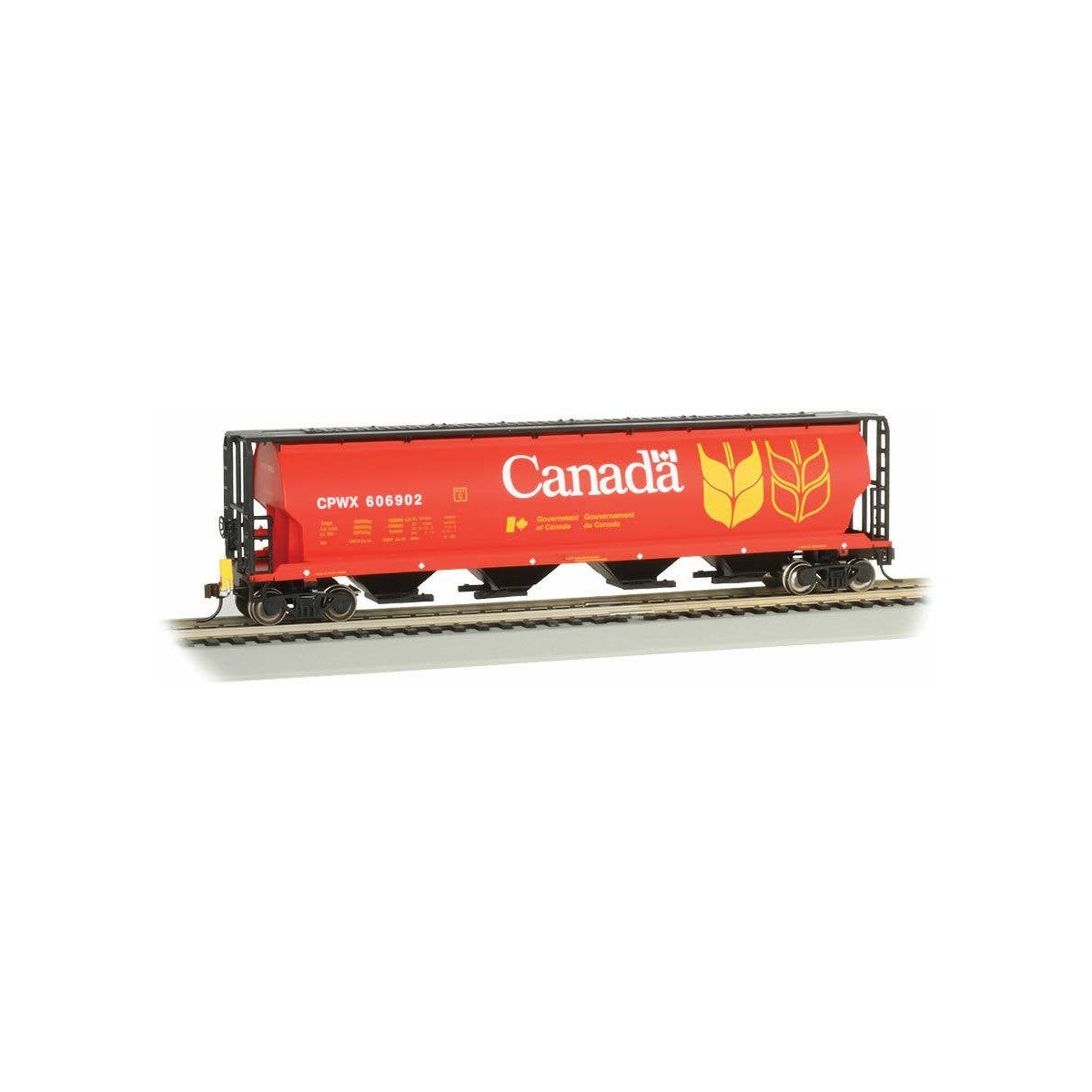 Canadian Cylindrical 4-Bay Grain Hopper with FRED - Ready to Run -- Government of Canada CPWX 606835 (red, yellow, black), HO Ba