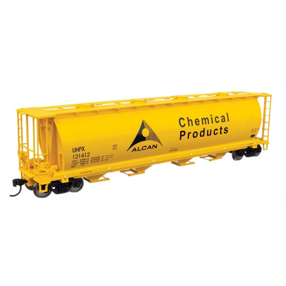 59′ Cylindrical Hopper - Ready to Run -- Alcan UNPX 121412 (yellow, black English & French lettering, round hatches, HO Walthe