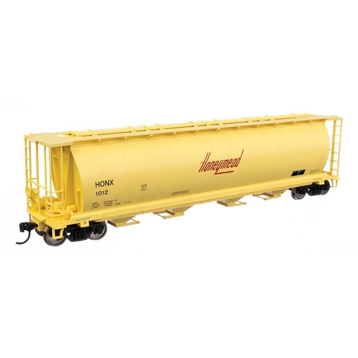 59′ Cylindrical Hopper - Ready to Run -- Honeymead 1012 (yellow, black, red logo trough hatches), HO WalthersMainline 7896
