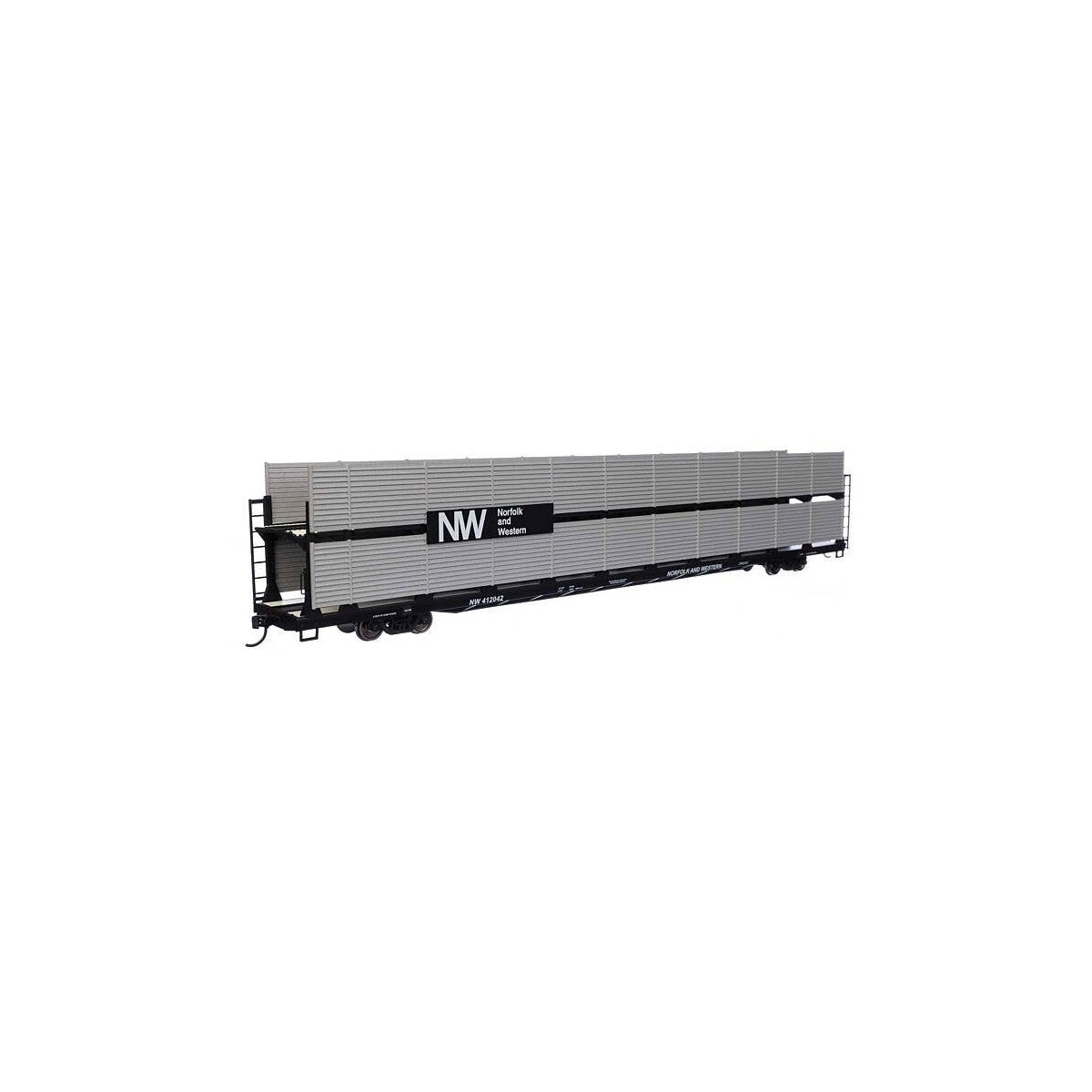 89′ Flatcar w/Bi-Level Shielded Auto Rack - Ready to Run -- Norfolk & Western Rack & Flatcar 412042, HO, WalthersMainline 8123