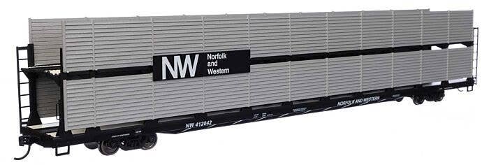 89′ Flatcar w/Bi-Level Shielded Auto Rack - Ready to Run -- Norfolk & Western Rack & Flatcar 412042, HO, WalthersMainline 8123