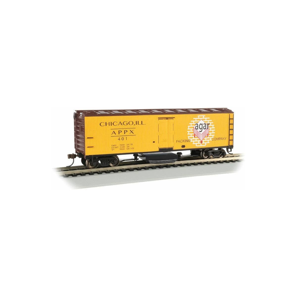 Track Cleaning 40′ Wood Reefer with Removable Dry Pad - Ready to Run -- Agar Packing Co. 401 (yellow, red, white), HO Bachmann