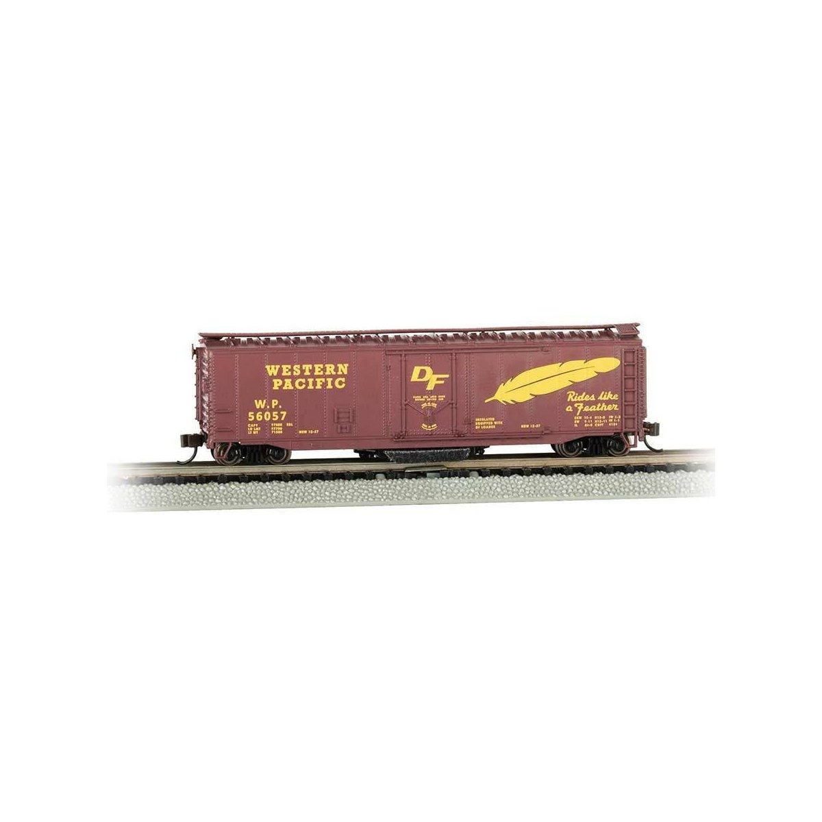 Track Cleaning 50′ Plug-Door Boxcar - Ready to Run -- Western Pacific 56057 (Boxcar Red, yellow ′Rides like a Feather′ Slo