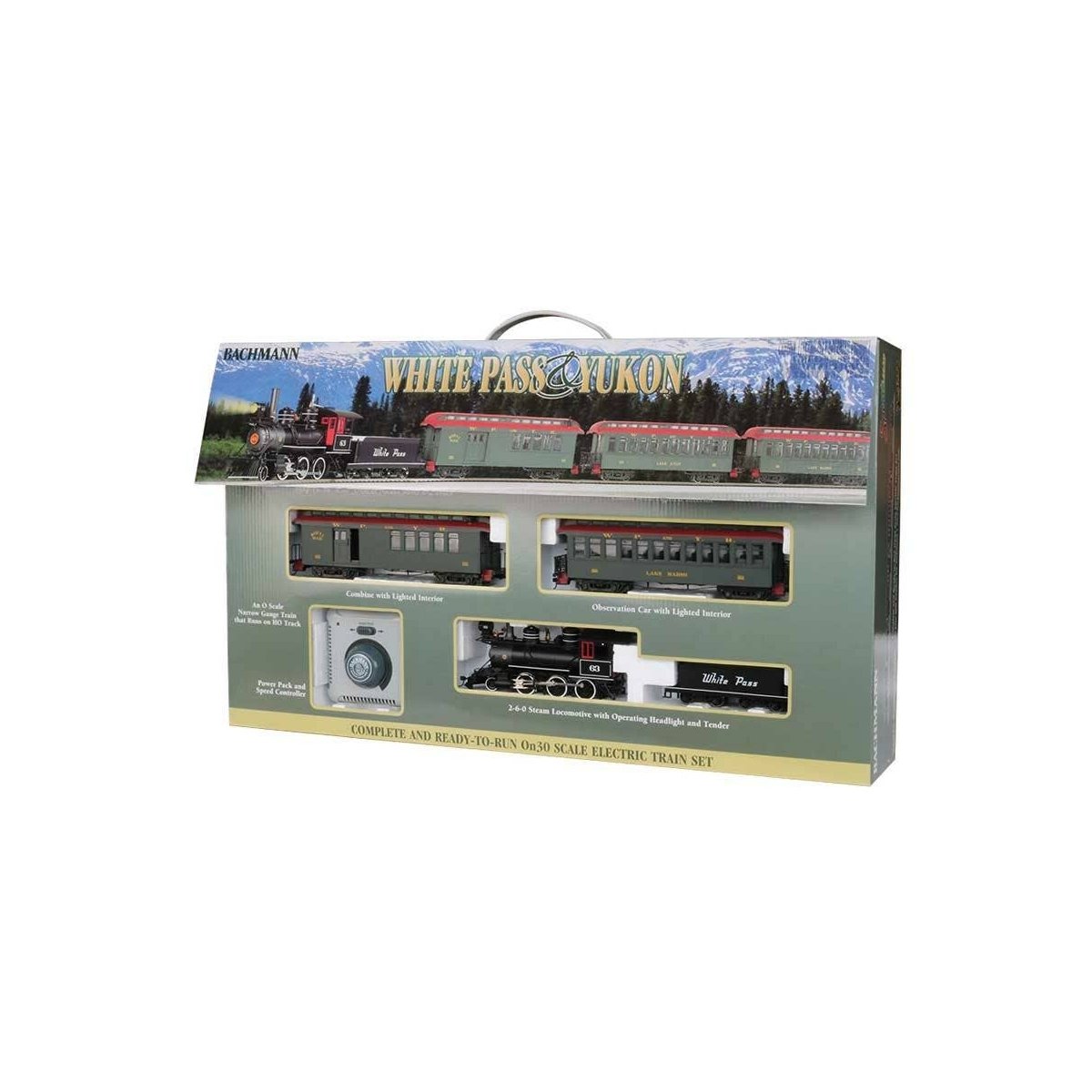White Pass & Yukon -- 2-6-0 Loco, Wood Combine, Wood Coach 56 x 38′ Track Oval, Power Pack, On30 Bachmann Industries 25024