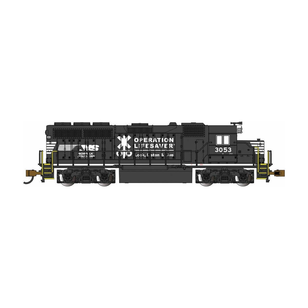 EMD GP40 - Standard DC -- Norfolk Southern 3053 (black, white ′Operation Lifesaver′ Scheme), N Bachmann Industries 63565