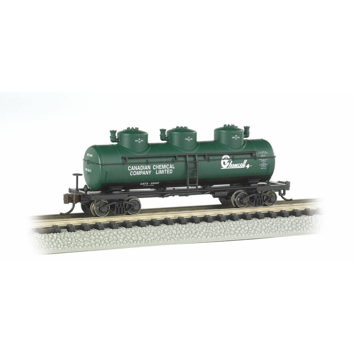 3-Dome Tank Car - Ready-to-Run -- Canadian Chemical Co., Ltd. GATX (green, white, black Chemcell Logo), N, Bachmann Industries 1