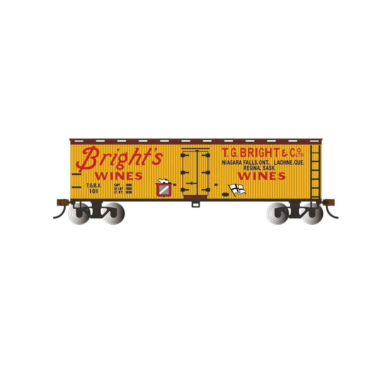 40′ Wood Reefer - Ready to Run - Silver Series(R) -- Bright′s Wines (yellow, Boxcar red, red), HO Bachmann Industries 19809