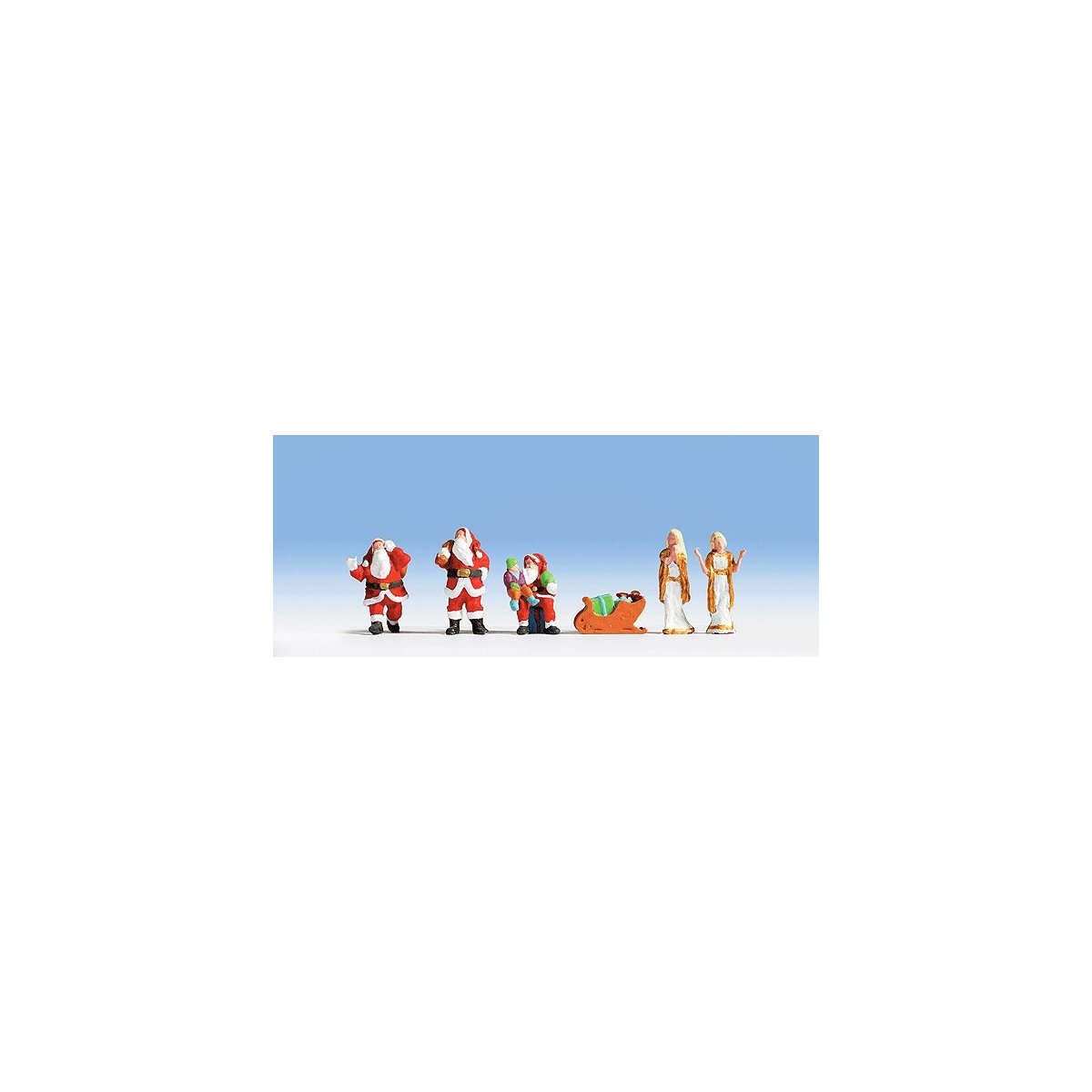 Christmas Figures -- 3 Santas, Child on Knee, 2 Helpers & Sleigh, HO Noch Gmbh & Co 15920