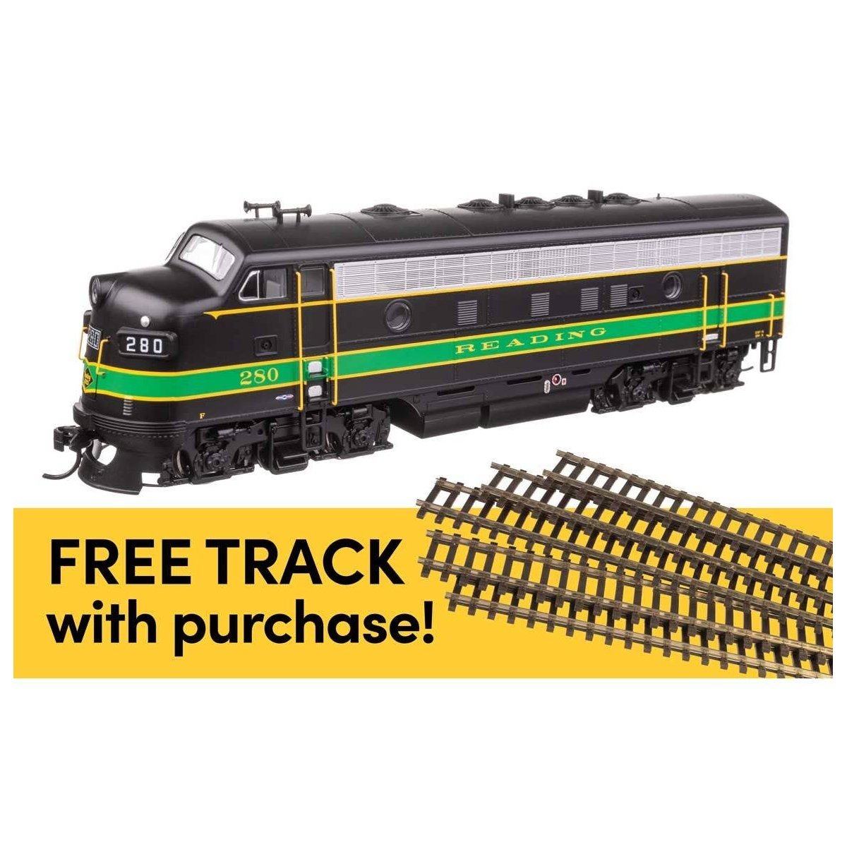 EMD F7A - Standard DC w/WalthersTrack Code 83 Flex Track 5-Pack -- Reading 280A, HO Walthers 11417