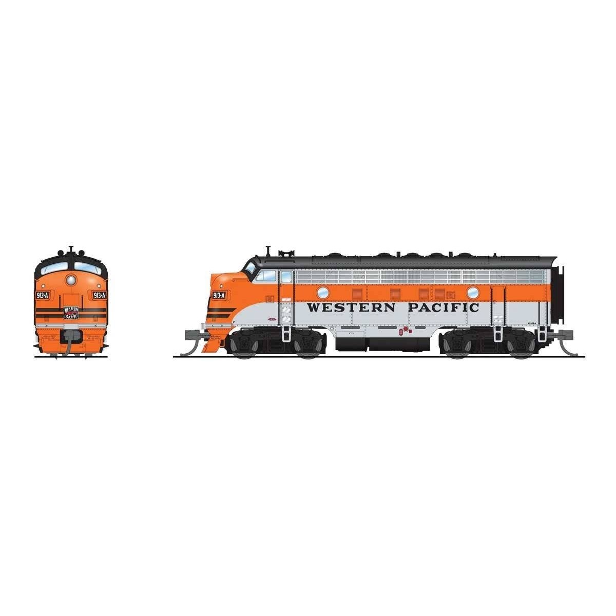 EMD F7A - Standard DC - Stealth -- Western Pacific 913-A (silver, orange, black), N Broadway Limited Imports 9285