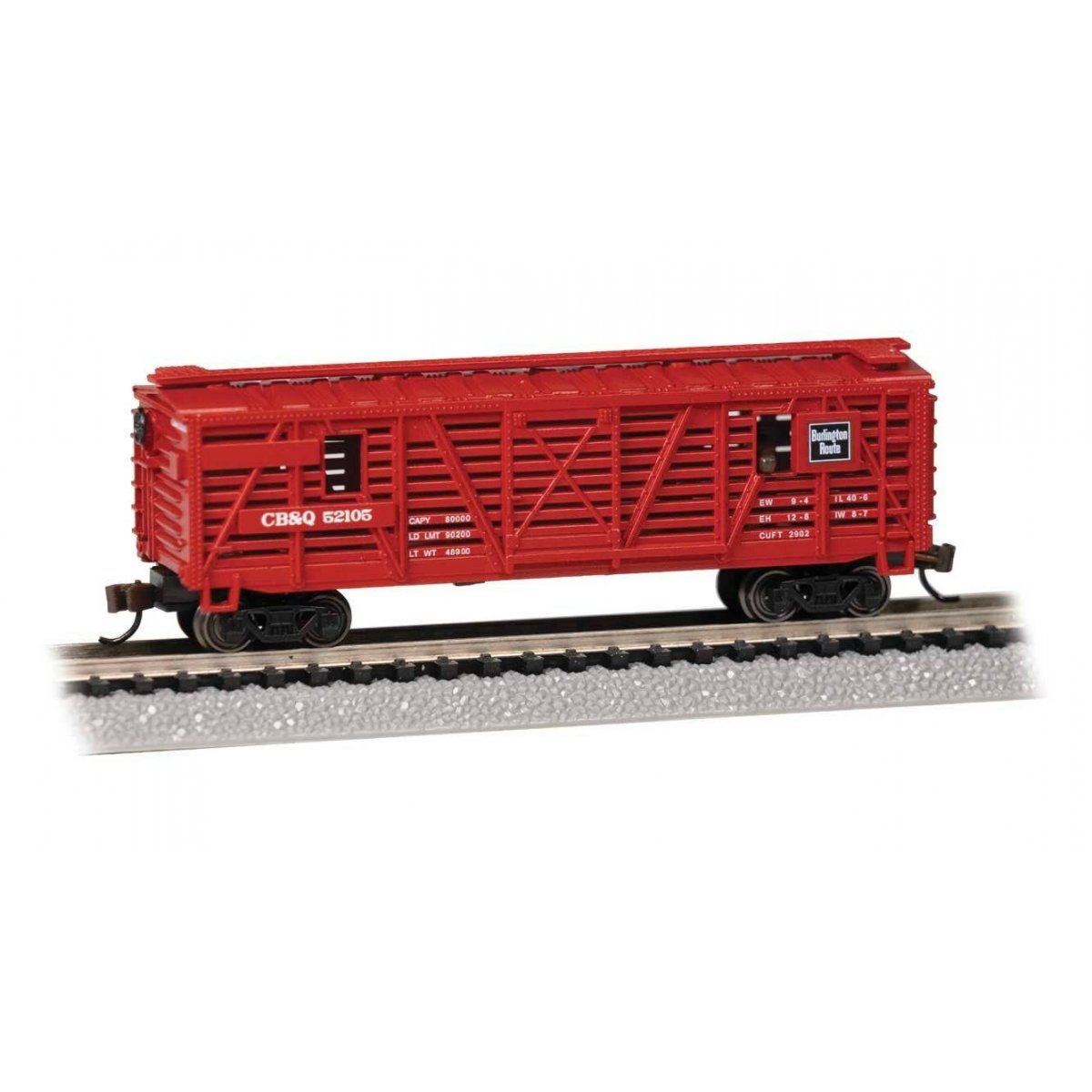 Animated Stock Car - Ready to Run -- Chicago, Burlington & Quincy 52105 (Cattle Load, red), N Bachmann Industries 19751