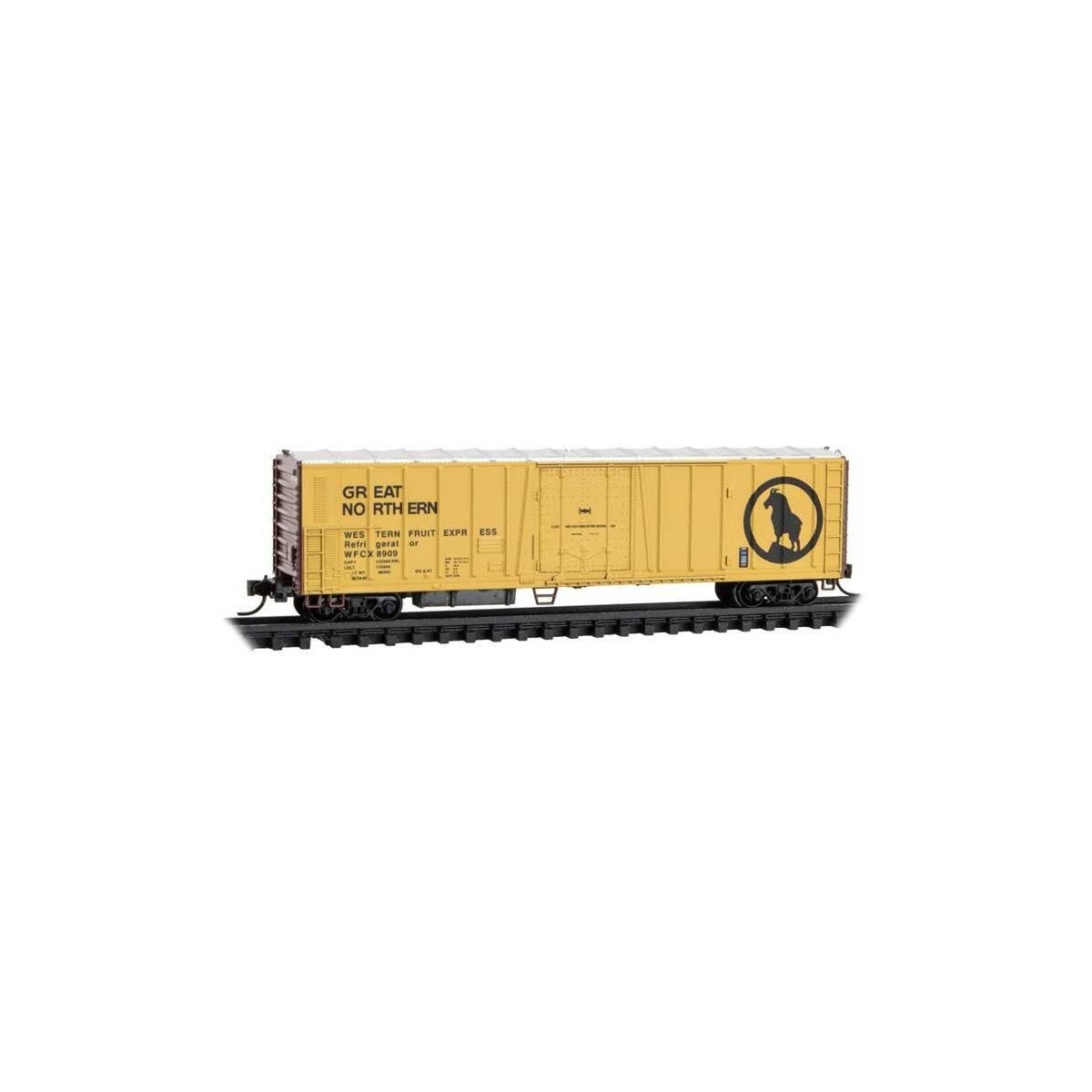 PC&F Class R-70-13 Steel Mechanical Reefer No Roofwalk - Ready to Run -- Great Northern WFCX 8909 (yellow, silver, black, Boxcar