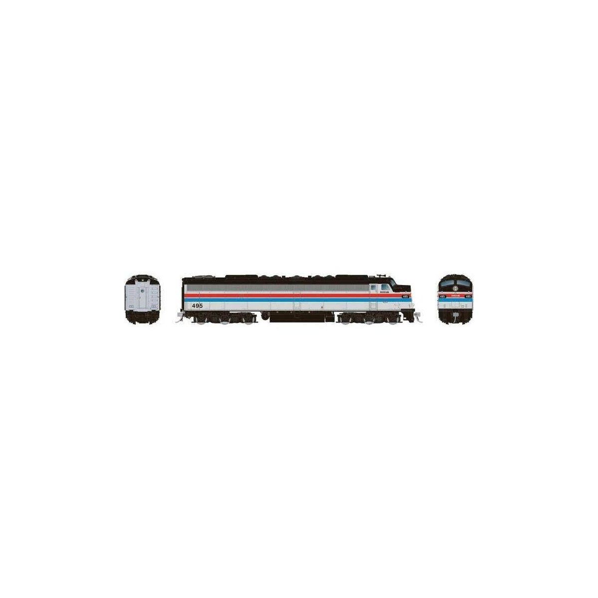 Rebuilt EMD E8A with Head-End Power HEP - LokSound & DCC -- Amtrak 496 (Phase II silver, red, blue, white, black), HO Rapido Tra
