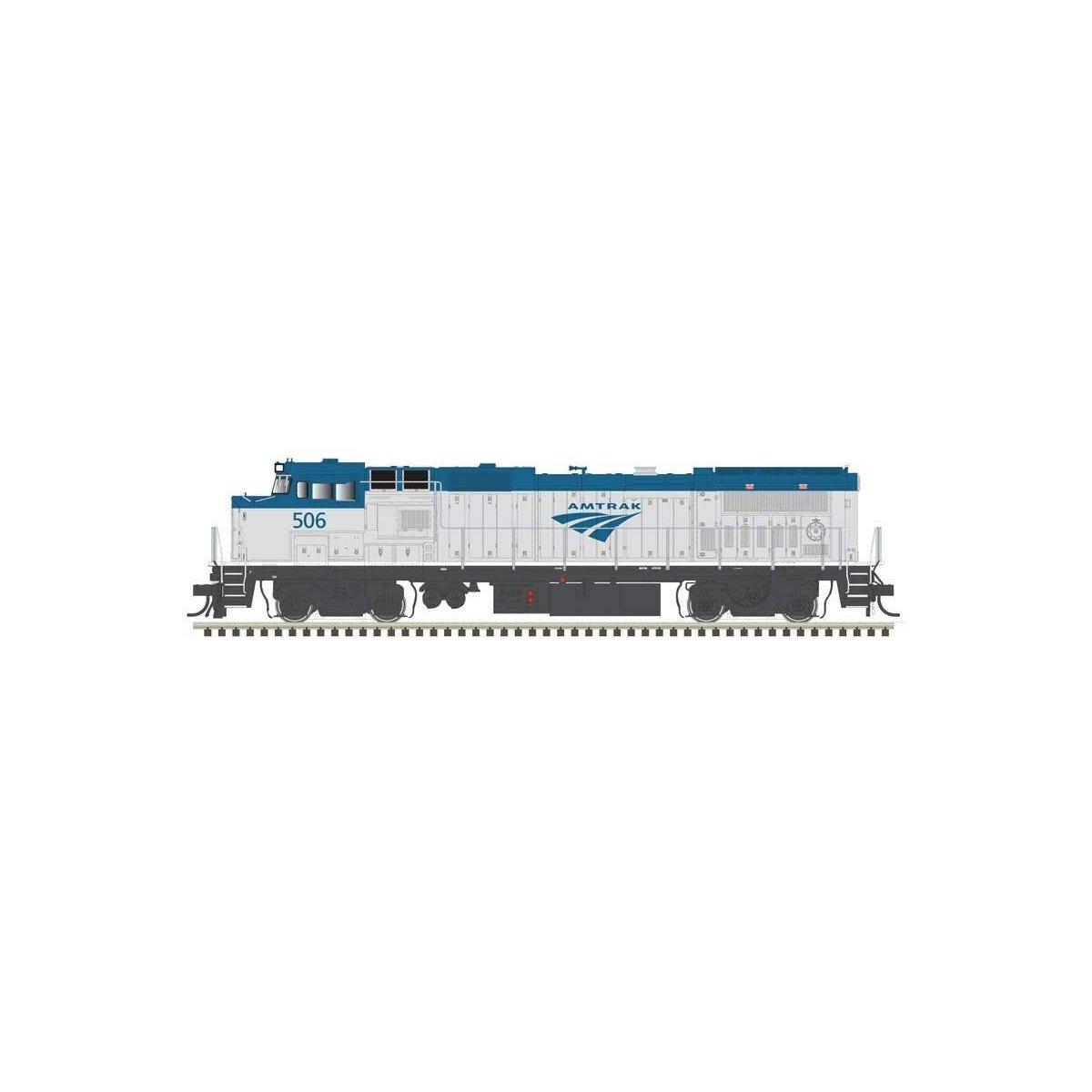 GE Dash 8-32BWH - Standard DC - Master(R) Silver -- Amtrak 506 (Phase V, silver, blue, white sill), HO Atlas Model Railroad Co. 
