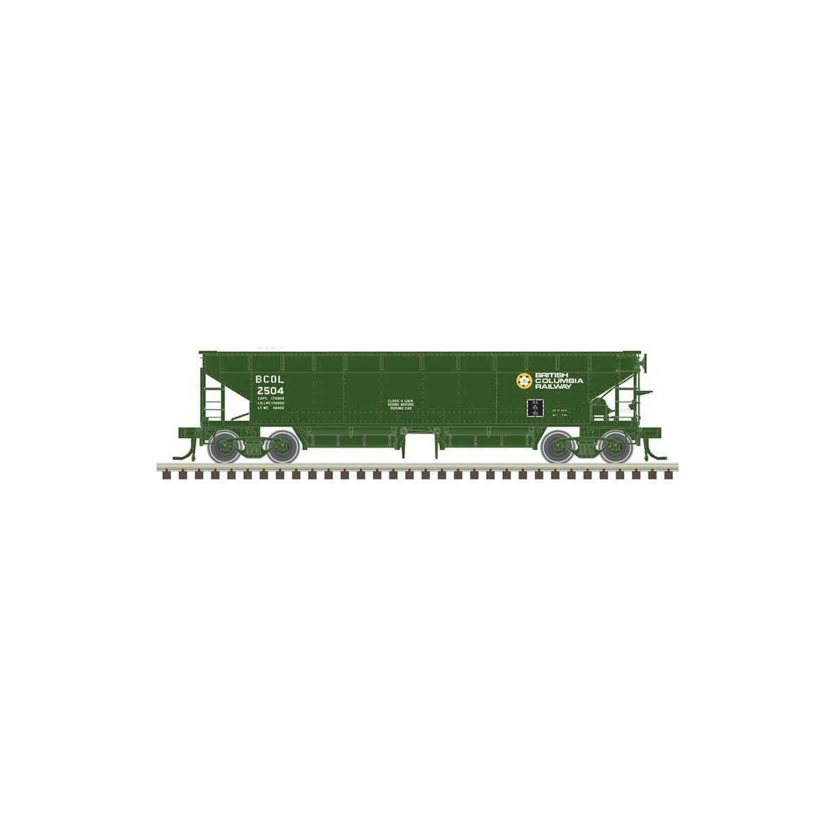 70-Ton Hart Ballast Car - Ready to Run - Master(R) -- British Columbia Railway 2504 (green, white), N Atlas Model Railroad Co. 5