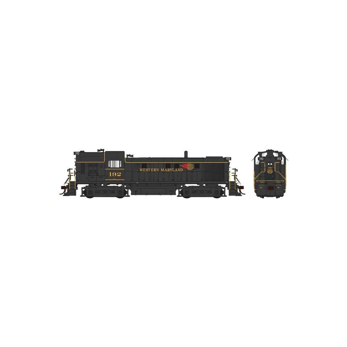 Alco RS3 Hammerhead High Hood - Standard DC -- Western Maryland 192 (black, yellow, Fireball Logo), HO Bowser Manufacturing Co. 