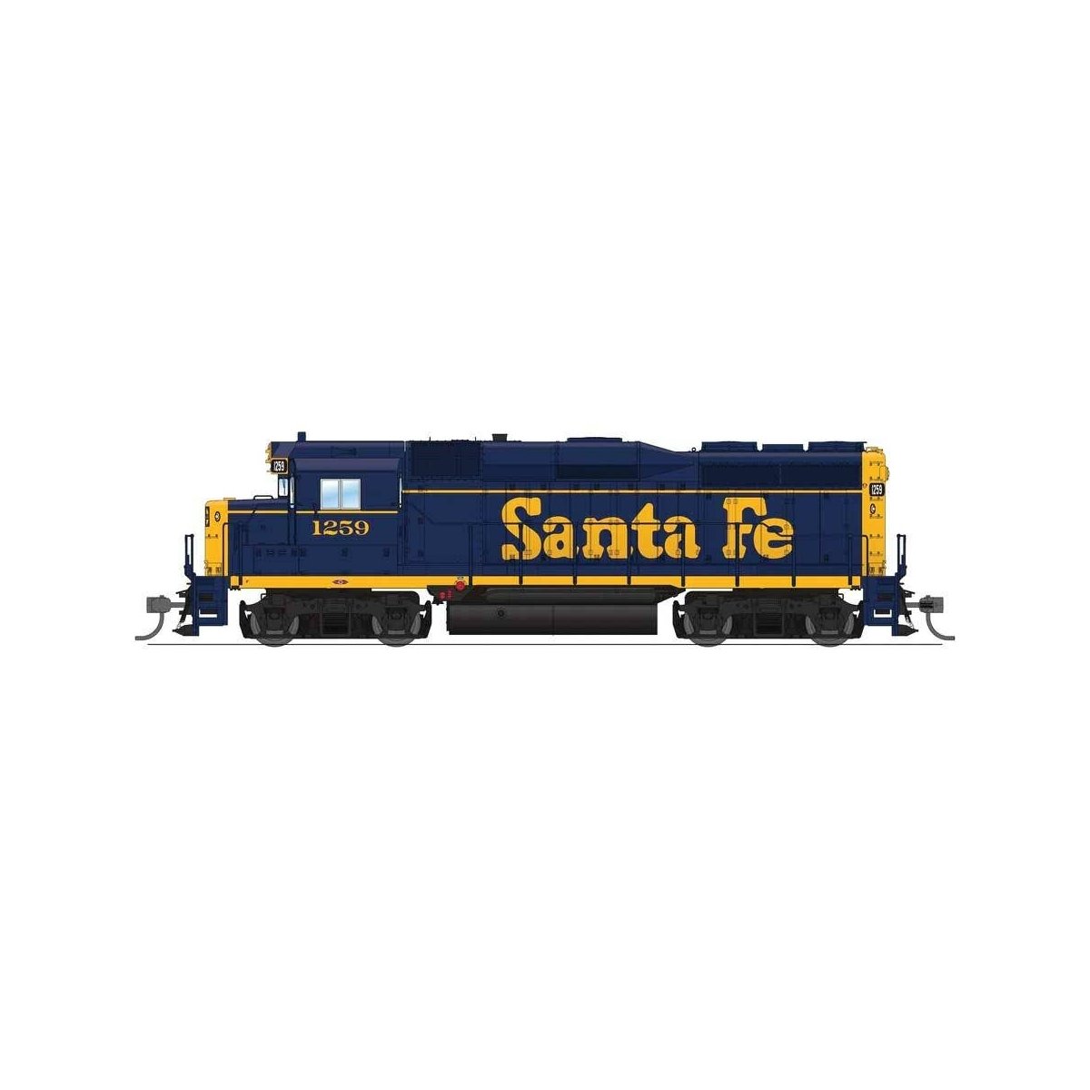EMD GP30 Low Nose - Standard DC - Stealth -- Santa Fe 1263 (Bookend, blue, yellow, Large Lettering), HO Broadway Limited Imports