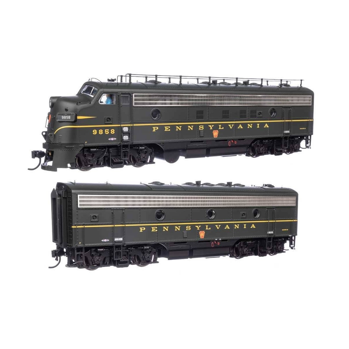 EMD FP7 & F7B Standard DC -- Pennsylvania Railroad EFP-15 9858A, EH-15 9858B (Brunswick Green, Keystone, HO WalthersProto 49538