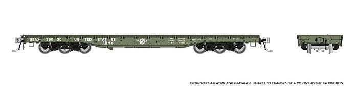 Magor 54′ Department of Defense (DODX) Flatcar - Ready to Run -- United States Army (olive, white, HO, Rapido Trains Inc 19900